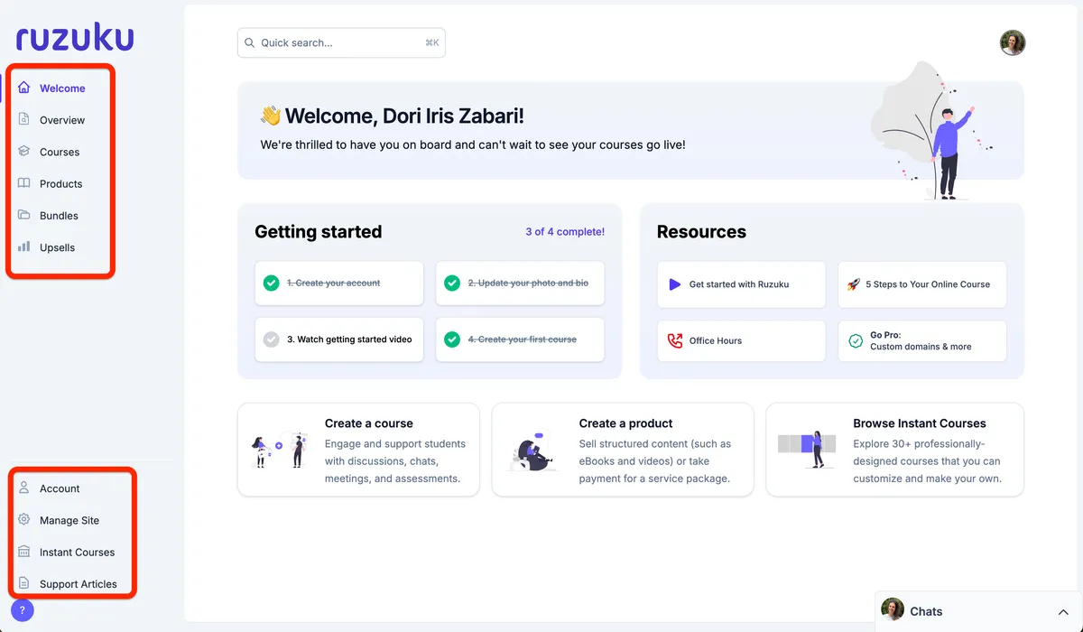 Redesigned Ruzuku course dashboard